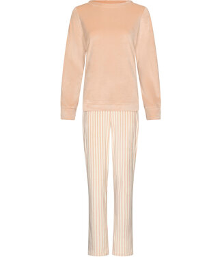 Pastunette Light brown fleece ladies pyjama with round neckline Soft Stripes