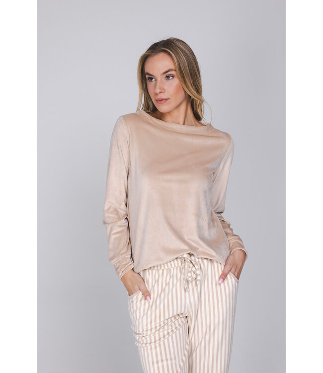 Lichtbruine fleece damespyjama lange mouw met ronde hals Soft Stripes