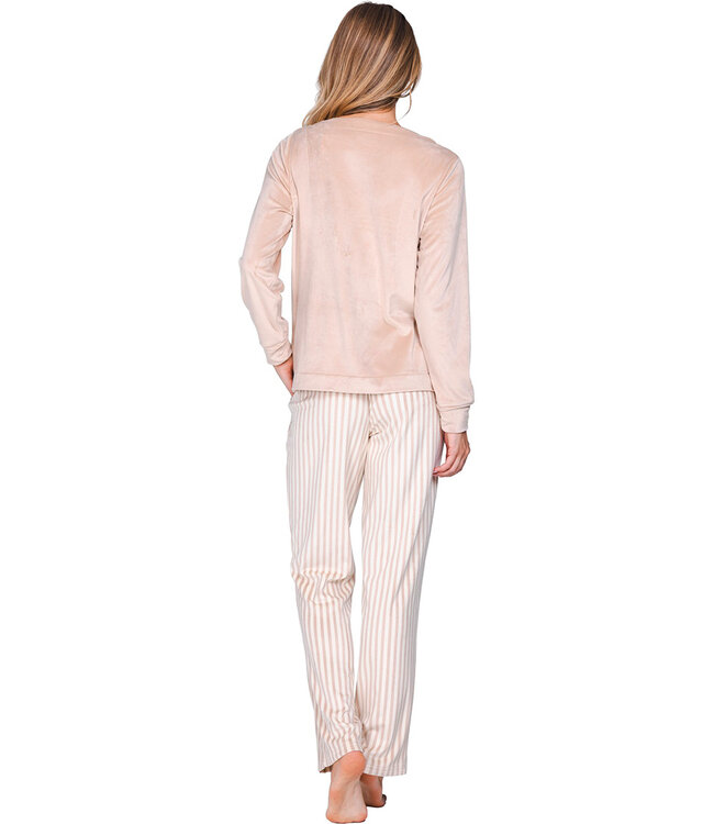 Light brown fleece ladies pyjama with round neckline Soft Stripes