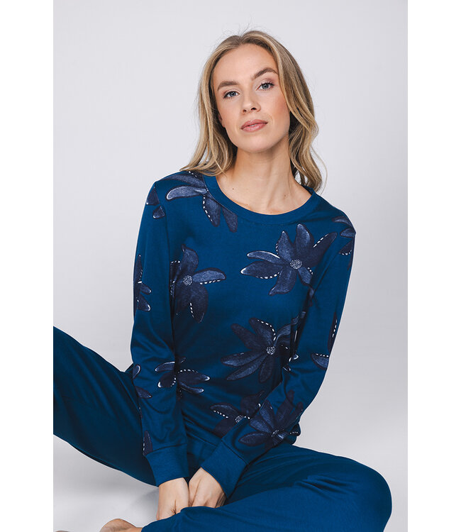 Donkerblauwe katoenen damespyjama met boorden lange mouwen Fancy Floral
