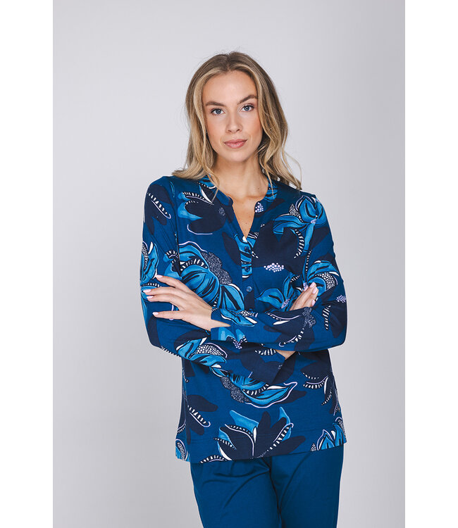 Donkerblauwe katoenen damespyjama met boorden lange mouwen Fancy Floral