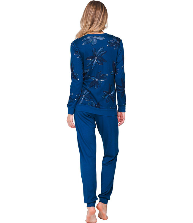 Donkerblauwe katoenen damespyjama met boorden lange mouwen Fancy Floral