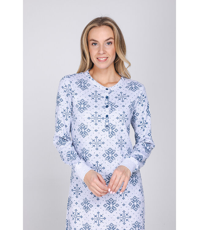 Donkerblauw nachthemd van wafelstof knoopsluiting Snowflake Sparkle