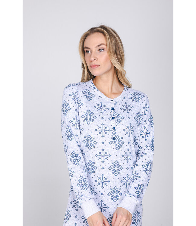 Donkerblauw nachthemd van wafelstof knoopsluiting Snowflake Sparkle