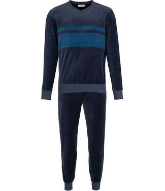 Pastunette for Men Donkerblauwe velours heren pyjama lange mouwen Velvet Stripe