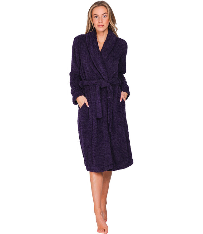 Donkerpaarse fleece ochtendjas met sjaalkraag Winter Soft