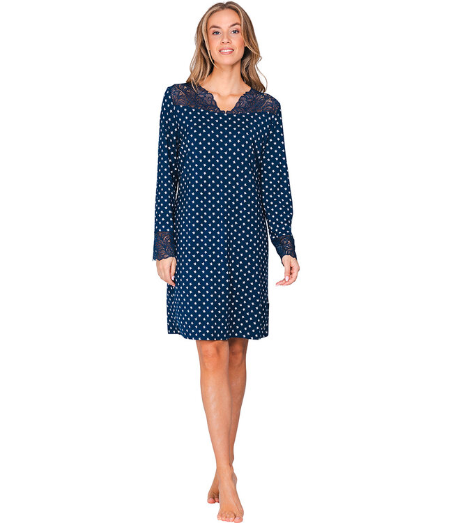 Luxe donkerblauw modal nachthemd lange mouwen Stars & Lace
