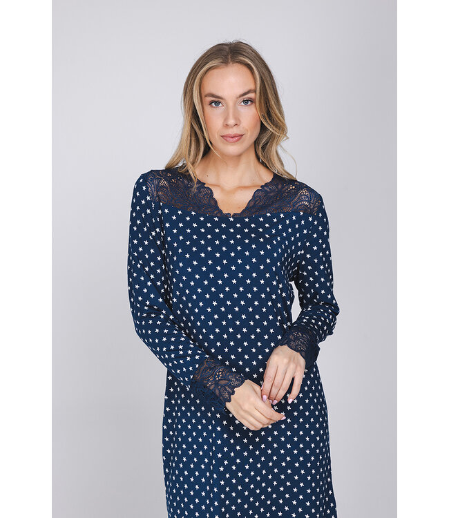 Luxe donkerblauw modal nachthemd lange mouwen Stars & Lace
