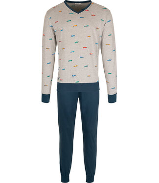 Pastunette for Men Donkerblauwe heren pyjama lange mouw met V-hals Racing Day
