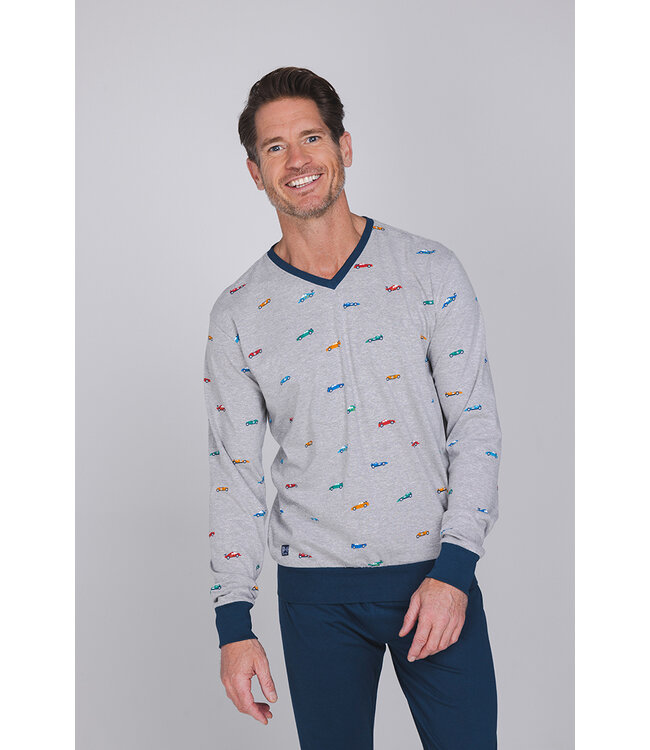 Dark blue men's pyjama with long sleeves with V-neck Racing Day