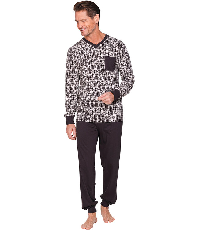 Donkergrijze katoenen heren pyjama met V-hals Geometric Block