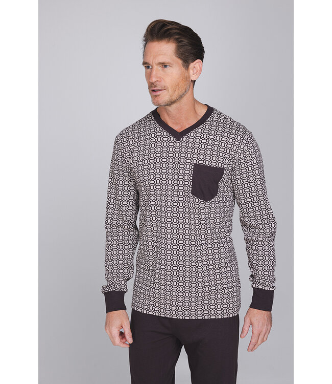 Dark grey cotton long sleeved men's pyjama with V-neck Geometric Block