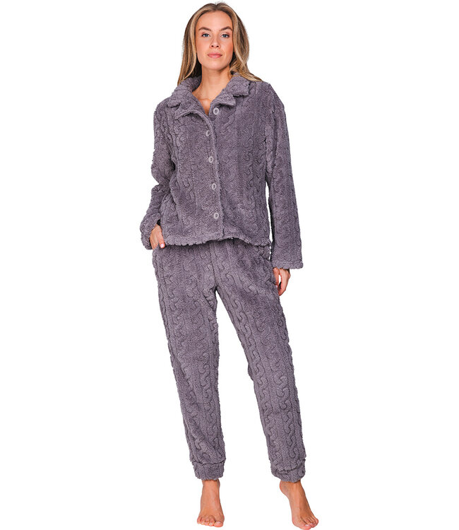 Grey fleece homesuit with full button Fabulously Cosy