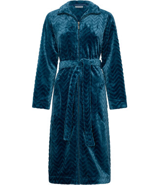 Pastunette Dark blue fleece morning gown with high collar Teal Zig Zag