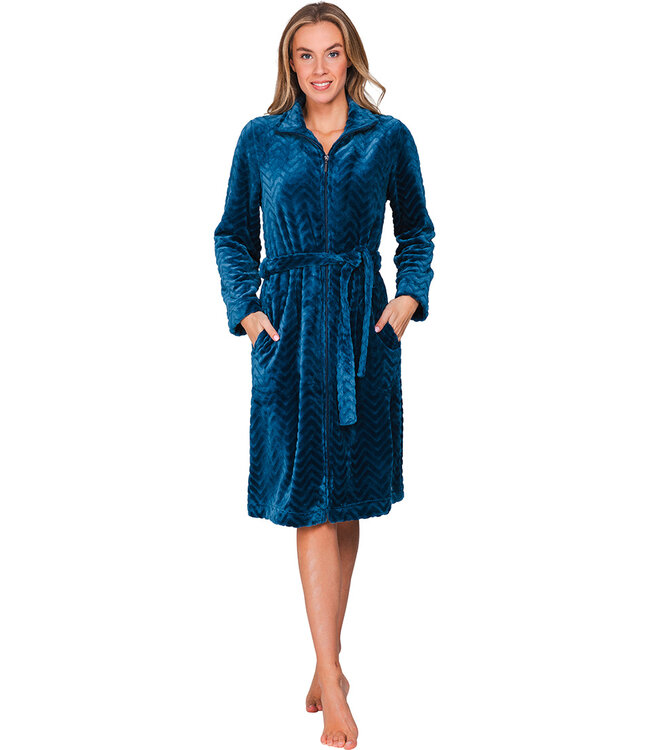 Dark blue fleece morning gown with high collar Teal Zig Zag