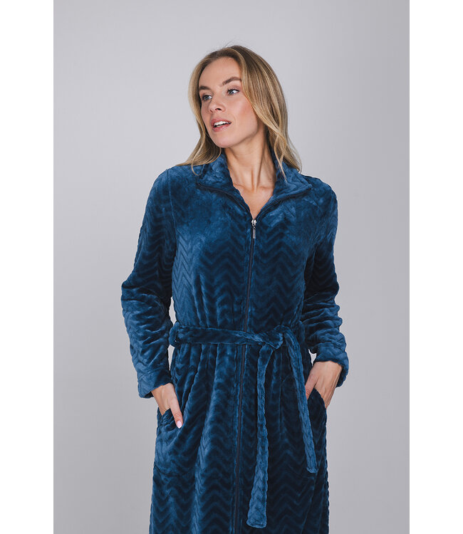Donkerblauwe fleece ochtendjas met hoge kraag Teal Zig Zag