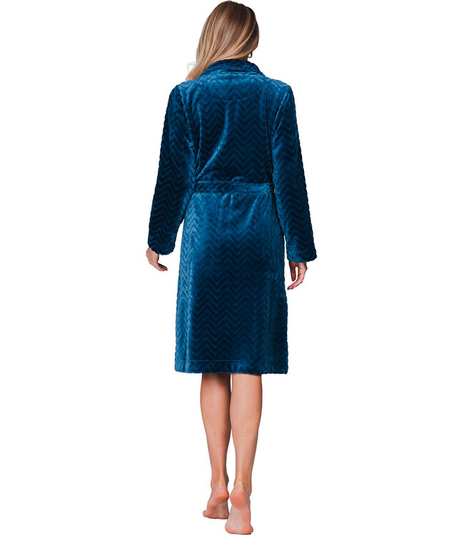 Donkerblauwe fleece ochtendjas met hoge kraag Teal Zig Zag