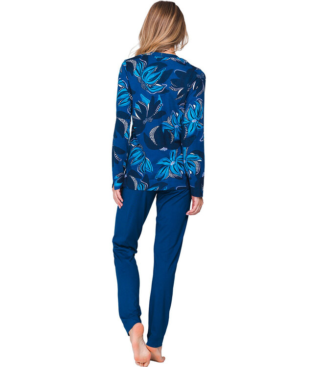Donkerblauwe damespyjama knoopsluiting lange mouwen Fancy Floral