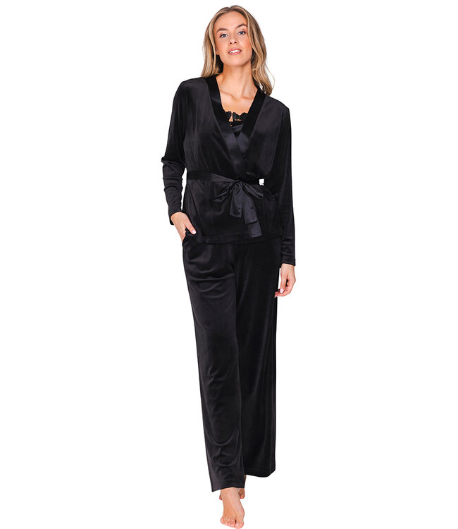 Black velours homesuit kimono style with belt long sleeves Chic Black Beauty