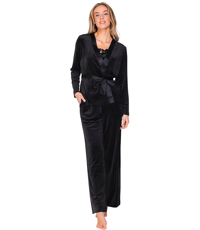 Zwart velours huispak kimono sluiting met ceintuur Chic Black Beauty