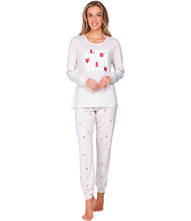 Beige pyjama met lange mouwen en boorden True Love