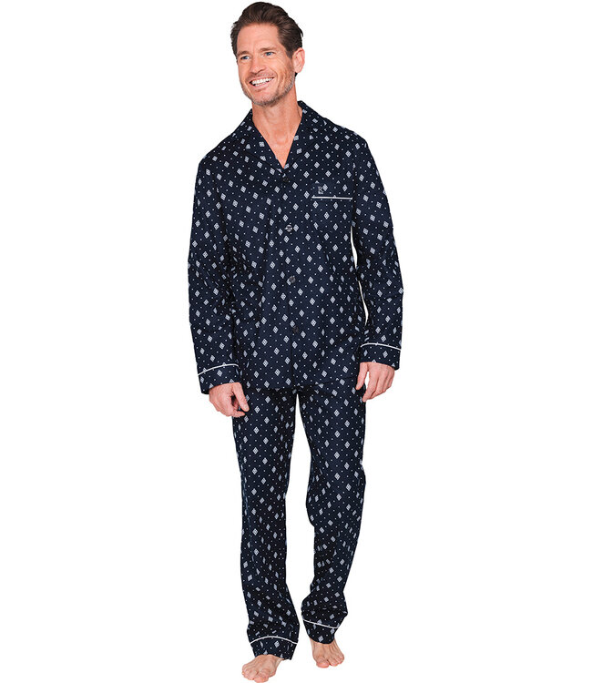 Donkerblauwe katoenen flanel heren pyjama lange mouwen Modern Squares
