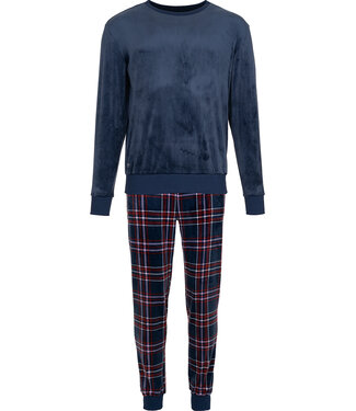 Pastunette for Men Donkerblauwe fleece heren pyjama lange mouw Modern Check