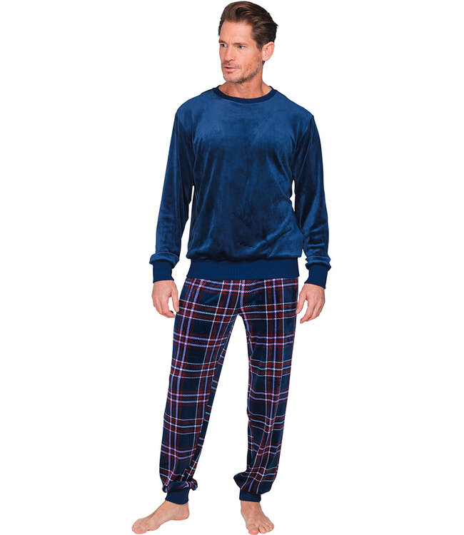 Dark blue fleece long sleeved men's pyjama Modern Check