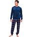 Donkerblauwe fleece heren pyjama lange mouw Modern Check