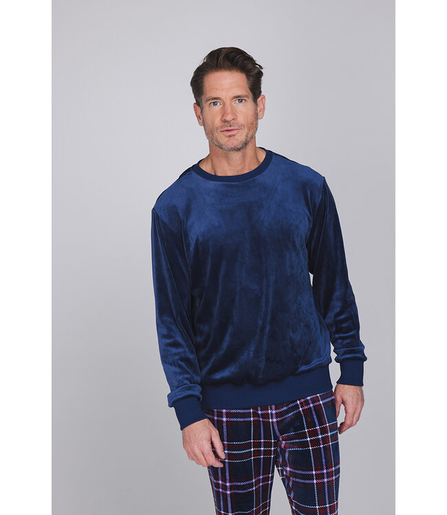 Donkerblauwe fleece heren pyjama lange mouw Modern Check