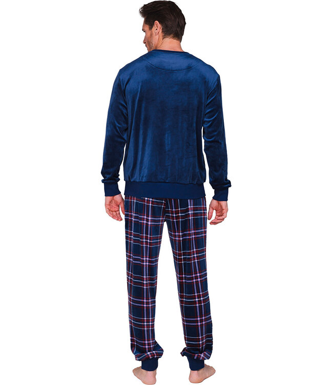 Donkerblauwe fleece heren pyjama lange mouw Modern Check