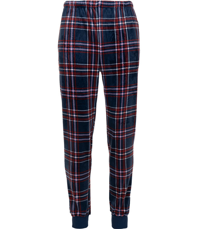 Donkerblauwe fleece heren pyjama lange mouw Modern Check