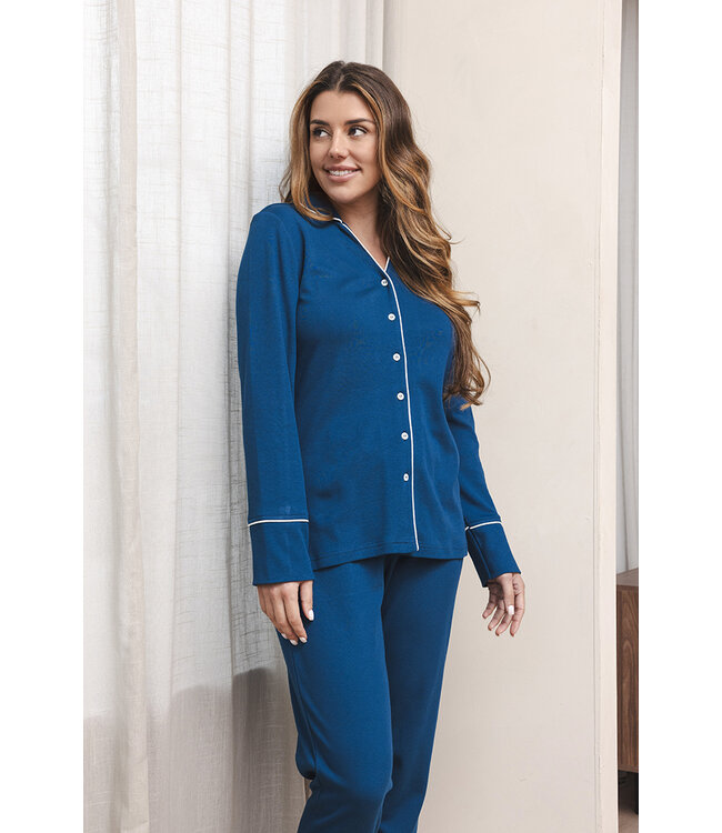 Dark blue cotton ladies pyjama full button Chic Blue Beauty