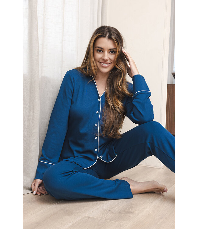 Dark blue cotton ladies pyjama full button Chic Blue Beauty