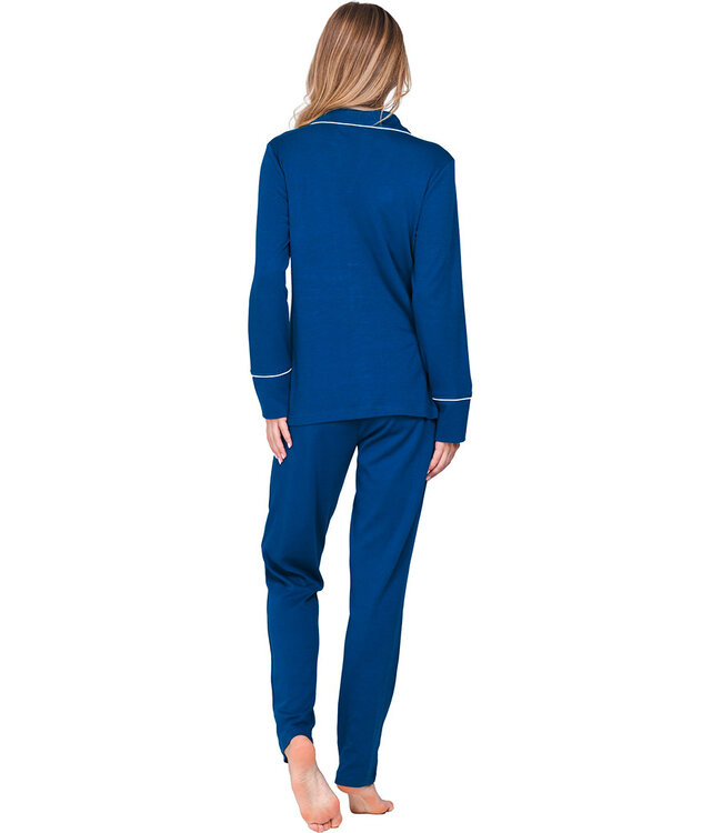 Donkerblauwe katoenen damespyjama knoopsluiting Chic Blue Beauty
