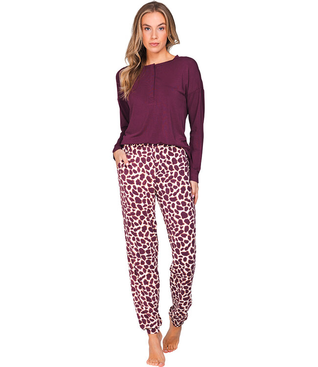 Donkerrood modal damespyjama knoopsluiting lange mouwen Soft Animal
