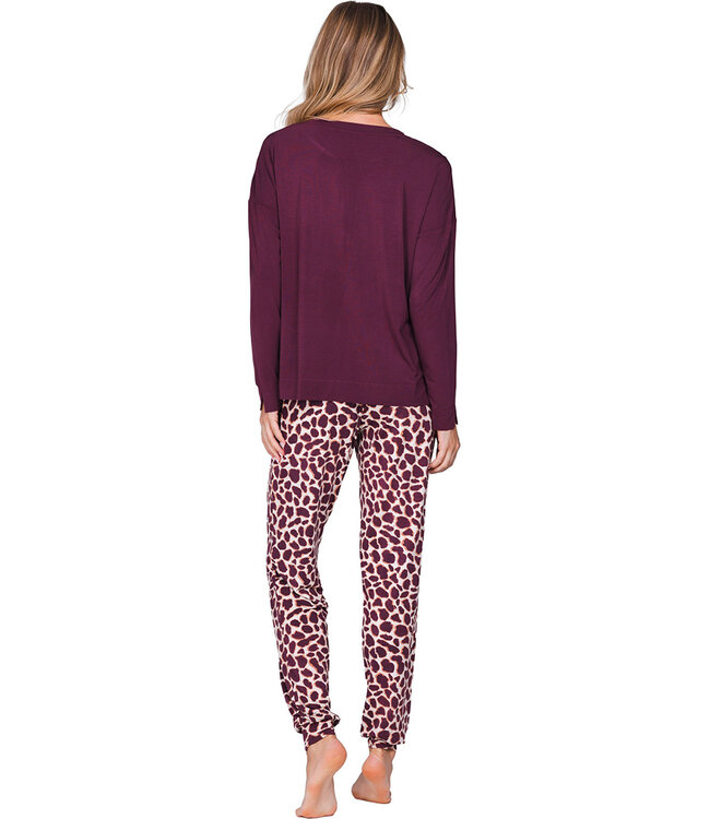 Donkerrood modal damespyjama knoopsluiting lange mouwen Soft Animal