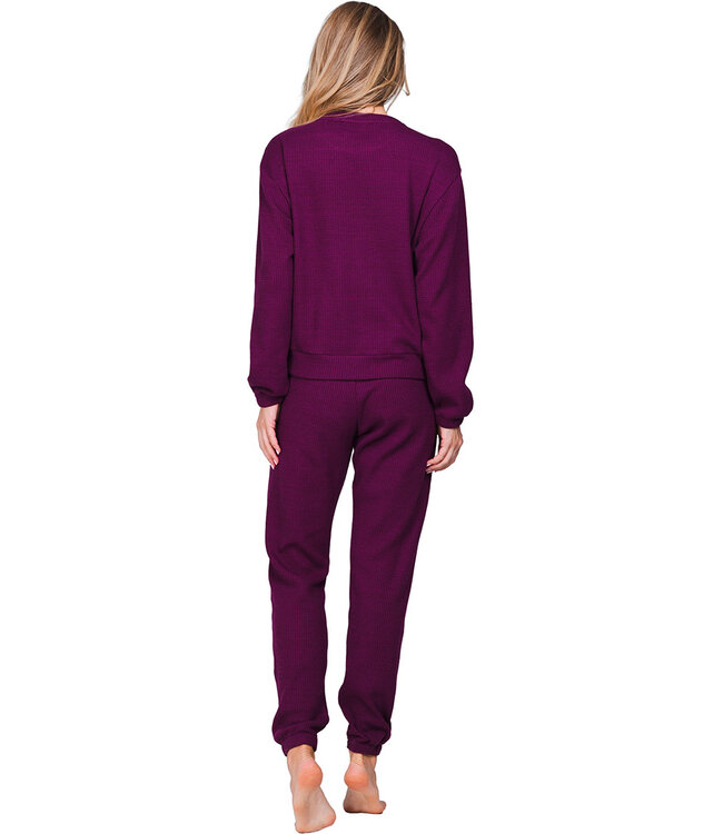 Donkerpaars huispak van wafelstof met lange mouwen Fabulously Chic