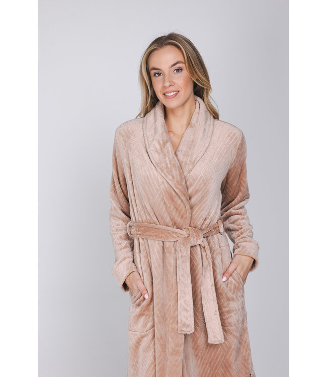 Lichtbruine fleece overslag ochtendjas sjaalkraag Soft Comfort