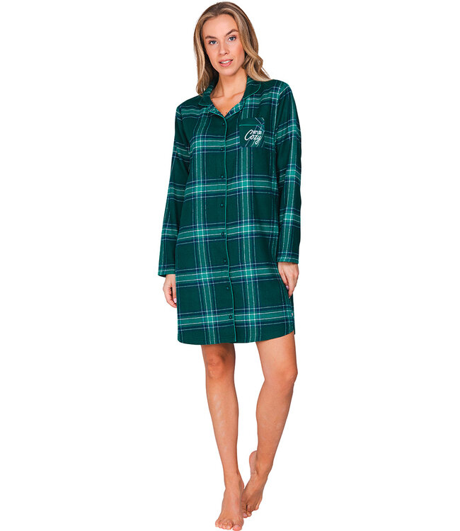Green cotton flannel nightdress full button Cosy Check