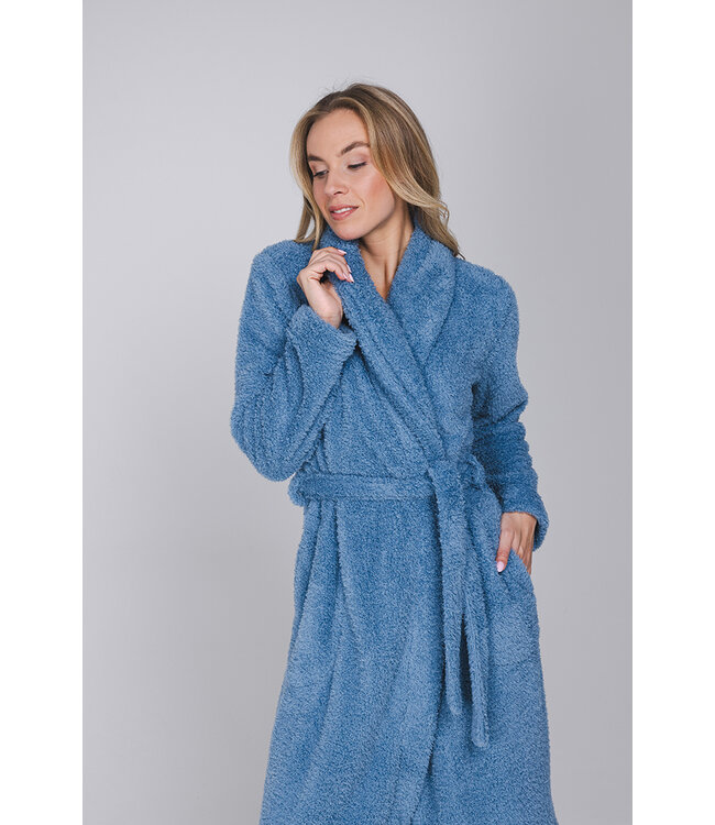 Blue fleece morning gown with shawl collar Winter Soft