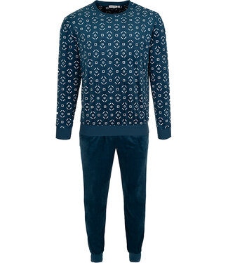 Pastunette for Men Dark blue fleece men's pyjama with long sleeves Funky Mix