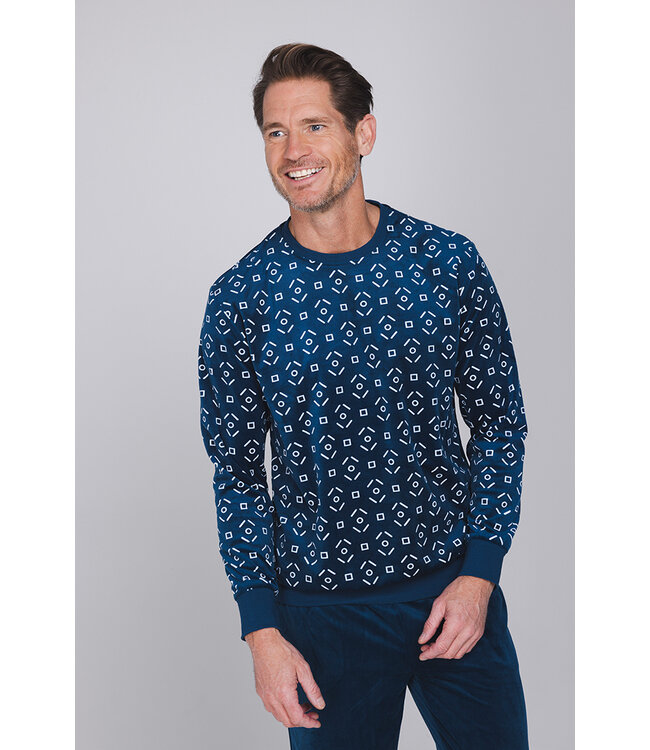 Donkerblauwe fleece heren pyjama lange mouwen Funky Mix
