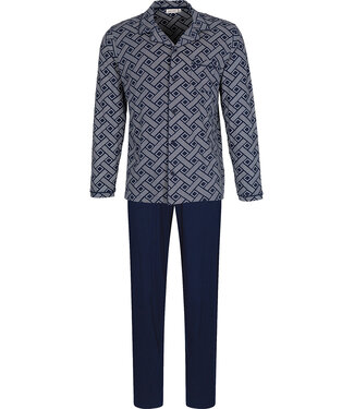 Pastunette for Men Dark blue cotton men's pyjama with revere collar Brick Block
