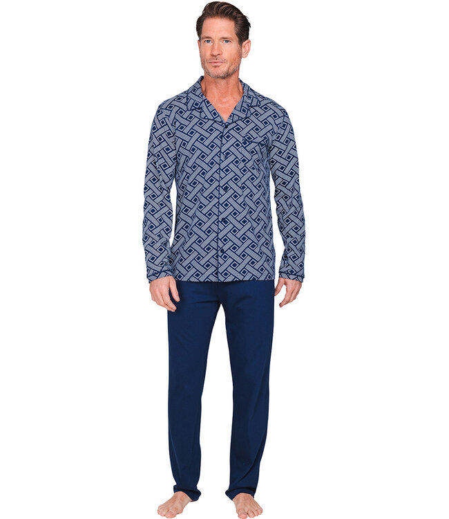 Dark blue cotton men's pyjama with revere collar Brick Block