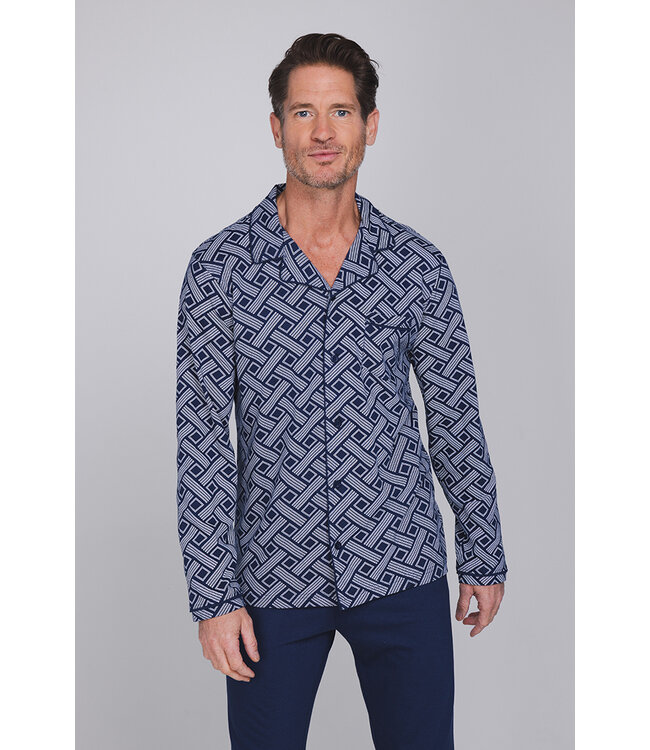 Dark blue cotton men's pyjama with revere collar Brick Block