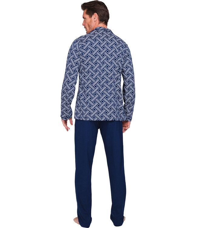 Dark blue cotton men's pyjama with revere collar Brick Block