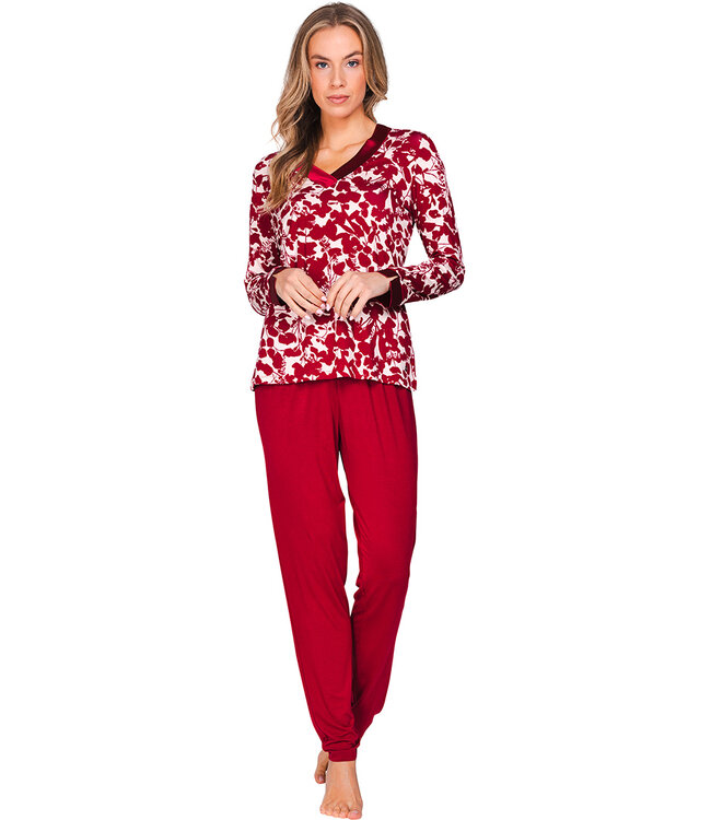 Red ladies pyjama with cuffs long sleeves Autumn Flower