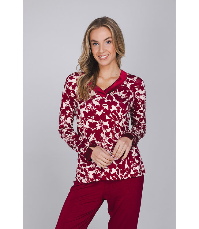 Red ladies pyjama with cuffs long sleeves Autumn Flower