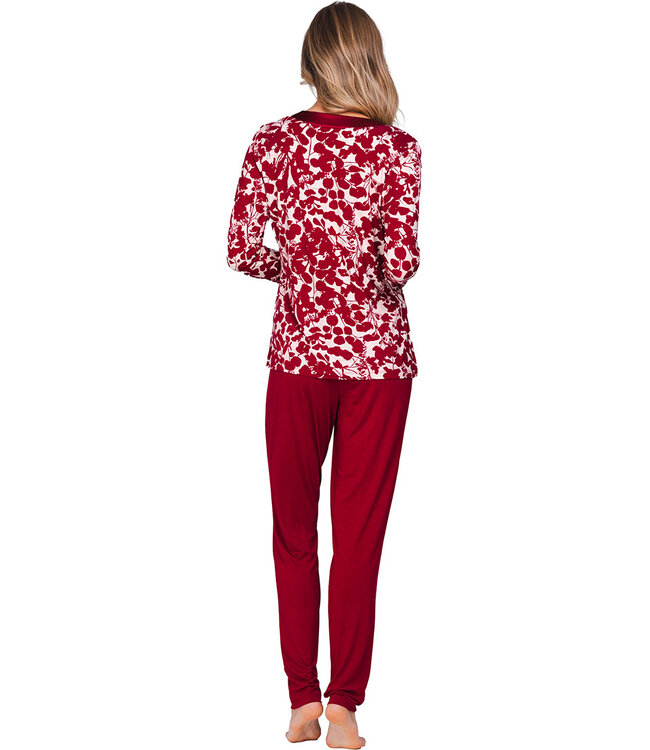Rode damespyjama met boorden lange mouwen Autumn Flower